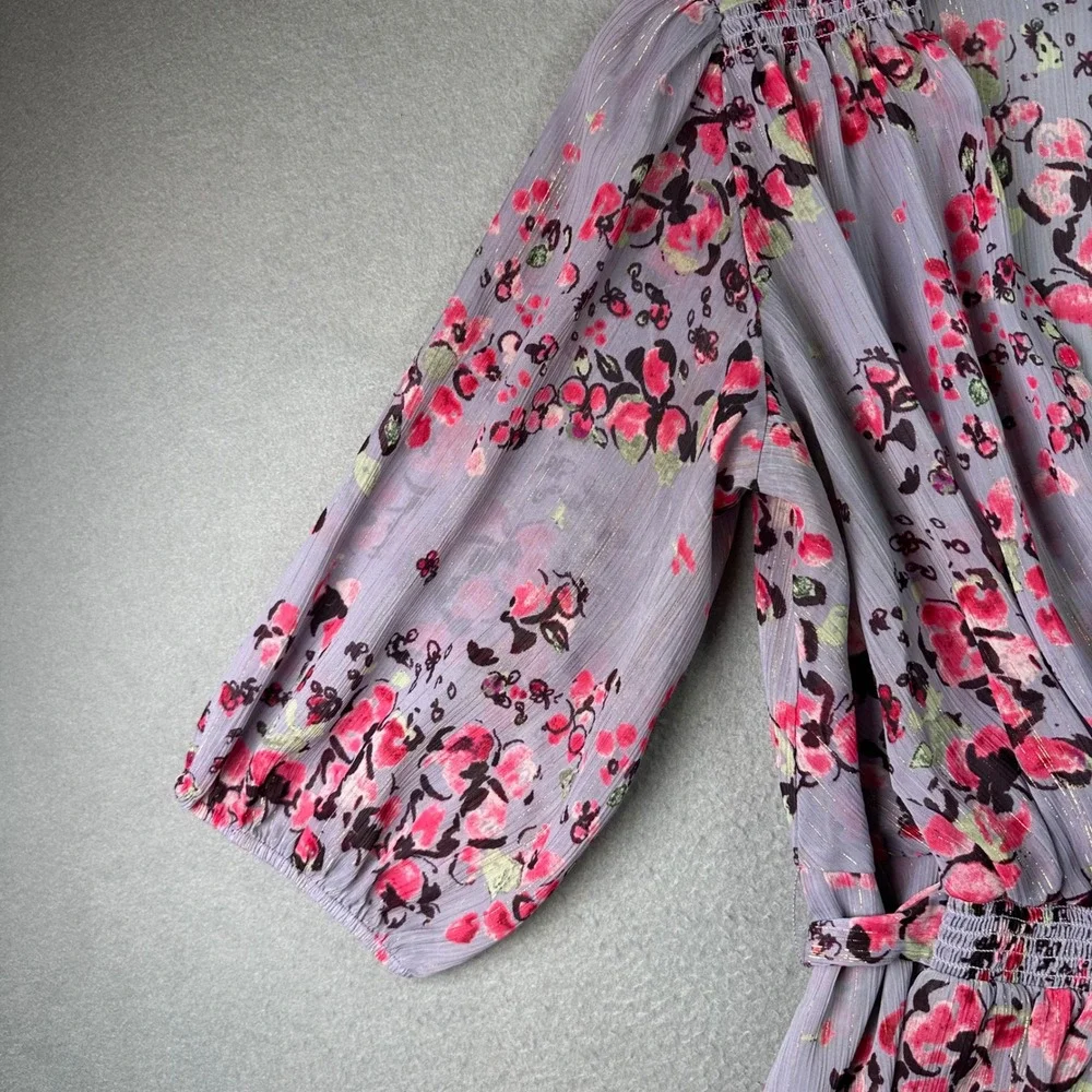 Express Boho Floral Metallic Wrap Blouse Smocked‎ Waist Lavender Romantic XS